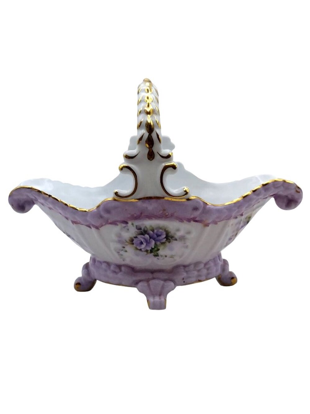 Cracker Barrel Footed Porcelain Basket Candy Dish Purple Violets Roses Floral